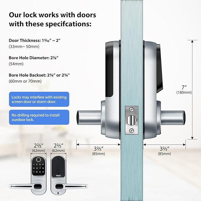 CATCHFACE Smart Fingerprint Lock - Keyless Entry Door Lock with Reversible Handle - Silver