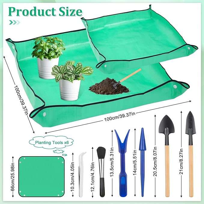 Plant Repotting Mat for Garden, 2 Pcs Waterproof Foldable Indoor Plant Mat Portable Square Gardening Mat Potting Tray with 6 Pcs Mini Garden Tools Set for Plant Lovers Gardening Gifts