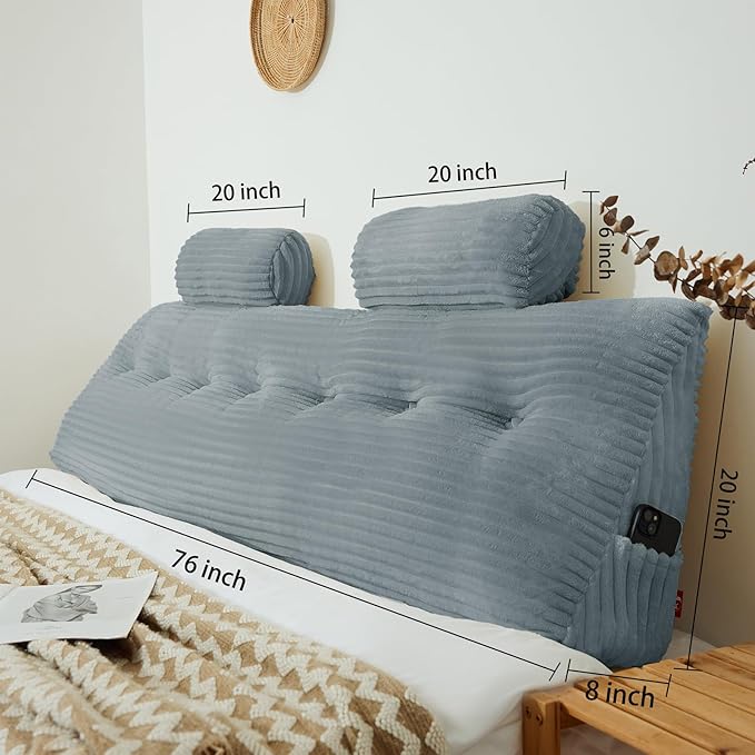 Headboard Wedge Pillow King with 2 Pack Neck Roll Pillow Large Headboard Pillow Soft and Supportive with Removable Cover (Light Grey, King：76x8x20 Inches)