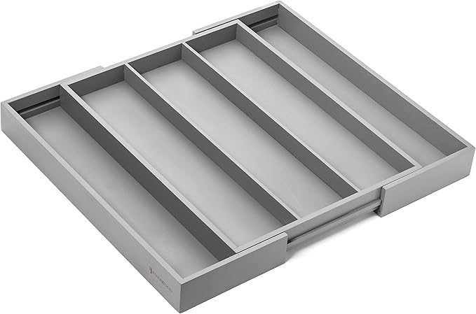 Purawood - Large Premium Bamboo Silverware Organizer - Expandable Kitchen Drawer & Utensil Organizer, 17" x 19.75" Cutlery Tray with Drawer Dividers for Kitchen Flatware (3-5 Slots) (Grey)