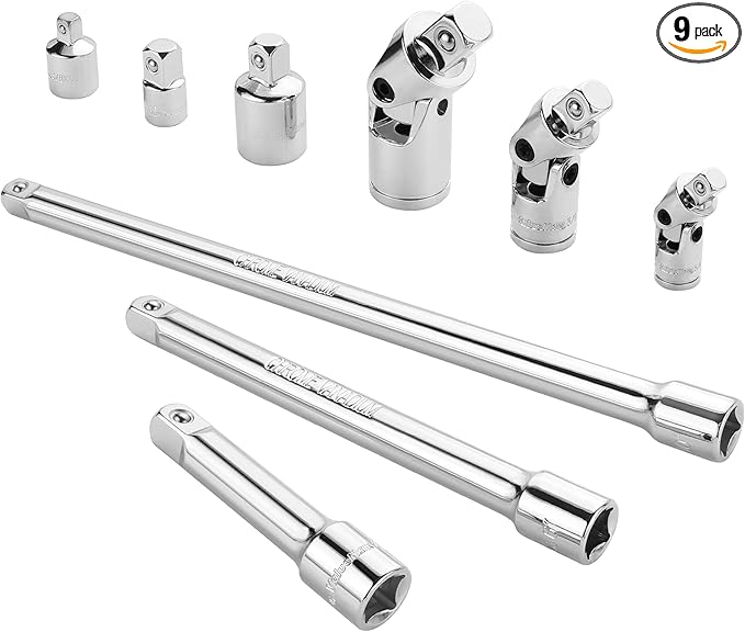 VALUEMAX 9 PCS Socket Accessory Set, Includes 3/8" Drive Extension Bar Set, 1/4", 3/8" & 1/2" Drive Universal Joints and Adapters, Chrome Vanadium Steel with Mirror Finish, Chrome Plated