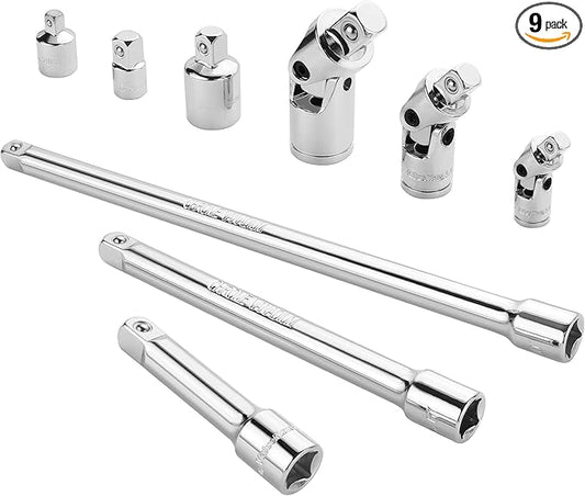 VALUEMAX 9 PCS Socket Accessory Set, Includes 3/8" Drive Extension Bar Set, 1/4", 3/8" & 1/2" Drive Universal Joints and Adapters, Chrome Vanadium Steel with Mirror Finish, Chrome Plated