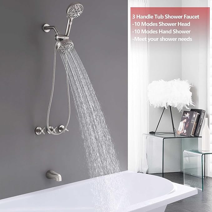 3 Handle Tub Shower Faucet Bathtub Shower Faucet Set With Tub Spout, Brushed Nickel Tub and Shower Trim Kit with Valve