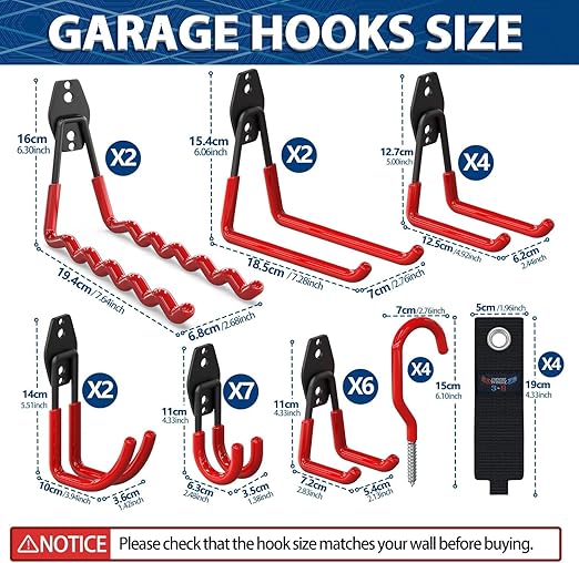 3-H Garage Wall Hooks 62 Pack, Heavy Duty Garage Hooks with Extra Welding Spots, Wall Mount Storage Organizer for Hanging Garden Lawn Tools, Ladder, Bike, WeedEater, Chair, Shovel, Blower (Red)