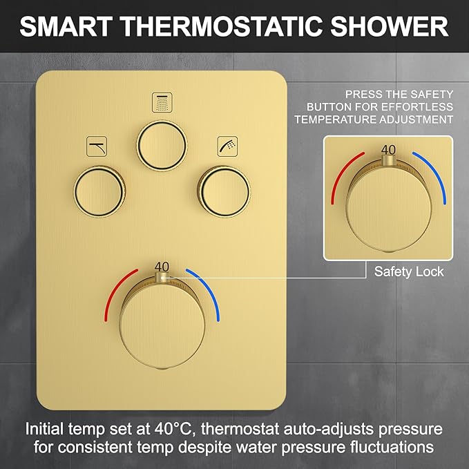KOJOX Brushed Gold Thermostatic Shower System, Push Button Diverter Shower Faucet Set with 12" Ceiling Mount Rain Shower, 6" Wall Mount Shower Head, and 4-in-1 Handheld Spray