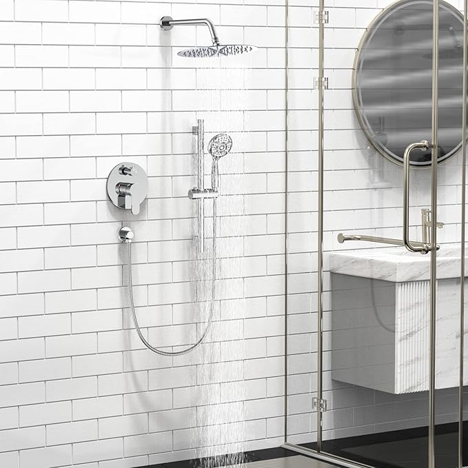 SR SUN RISE 12 Inch Shower System, Slide Bar Shower Faucets Sets Complete Round Shower Heads and 6-Spray Handheld Combo, Wall Mounted Dual Shower Set Included Valve and Trim Kit, Polished Chrome