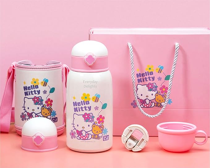 Everyday Delights Sanrio Hello Kitty Stainless Steel Insulated Water Bottle Double Covers with Cup, Straw and Bag White 600ml