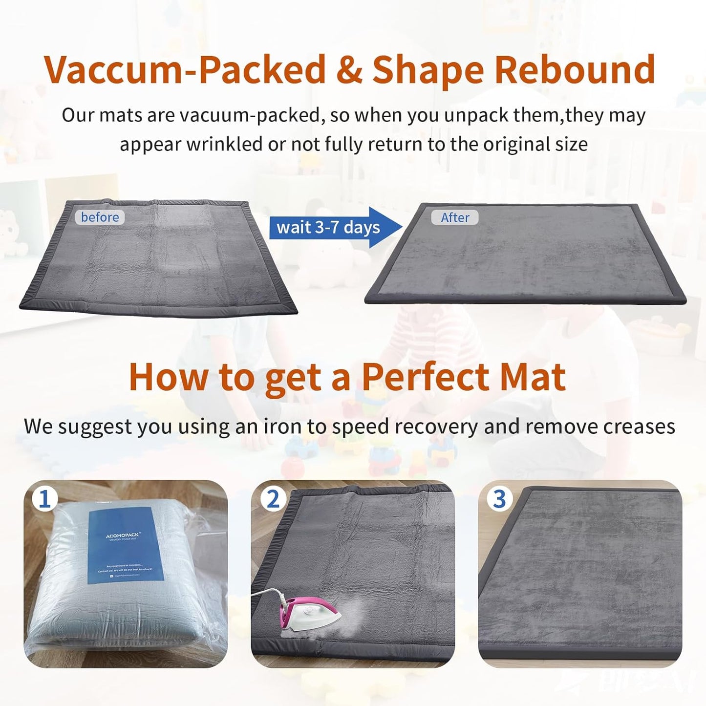 ACOMOPACK Baby Play Mat for Floor,1.3" Thick Memory Foam Area Rug for Living Room,Soft Velvet Crawling with Non-Slip Bottom for Kid,Toddler,39"×59" Tummy Time Nursery Rugs,Yoga（Dark Grey）