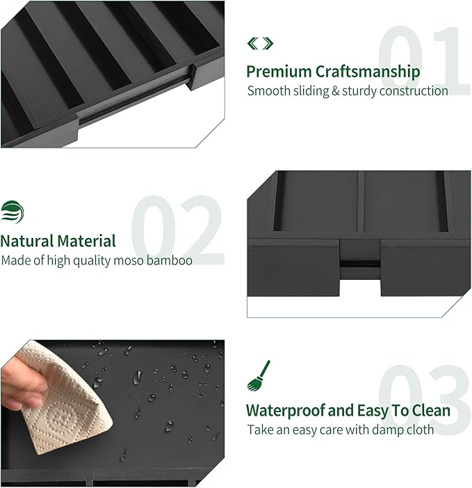 Utoplike Bamboo Silverware Drawer Organizer, Expandable Kitchen Utensils Drawer Organiser, Cutlery Tray Dividers, Flatware Caddy Drawer Insert, Office Supplies, Black 5-7 Slot