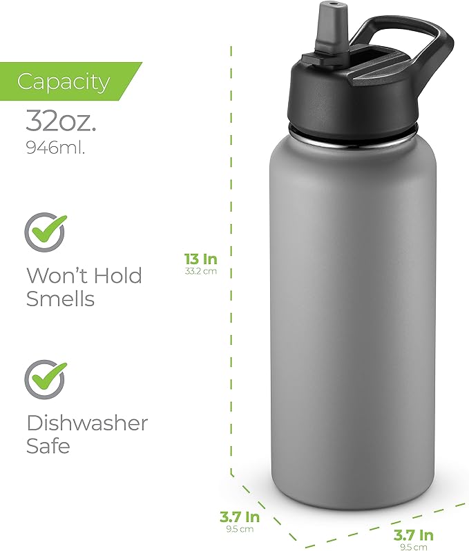 SipX™ Triple-Insulated Stainless Steel Water Bottle 32oz. With 3 Lids, BPA-Free Reusable Insulated Water Bottle Keeps Cold 24 Hours, Metal Water Bottle Made Of Sustainable Material For Hiking & Biking