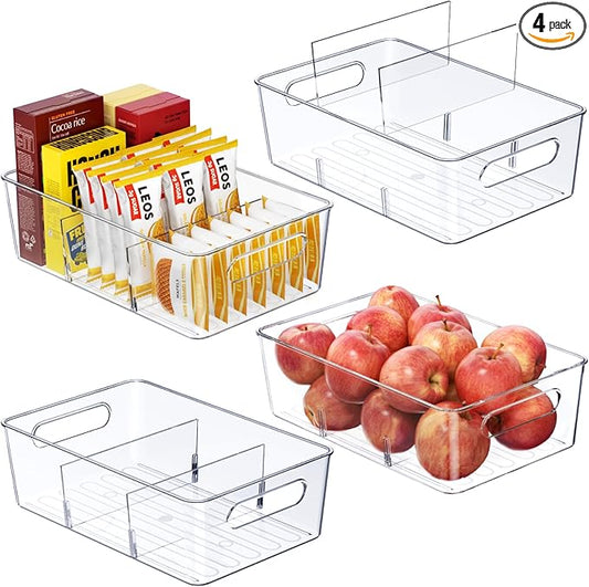 4 Pack Clear Pantry Organizers and Storage Bins with Divider, Transparent Plastic Basket, Refrigerator and Fridge Bins
