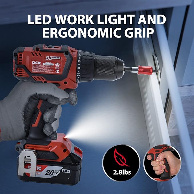 DCK Brushless Cordless Drill Set, 20V Max Electric Drill with 4.0Ah Battery 531in.lbs, 1/2Inch Keyless All-Metal Chuck, 2 Variable Speeds, Power Drill Kit for Screw Wood/Ceramic/Tile/Steel KDJZ04-13