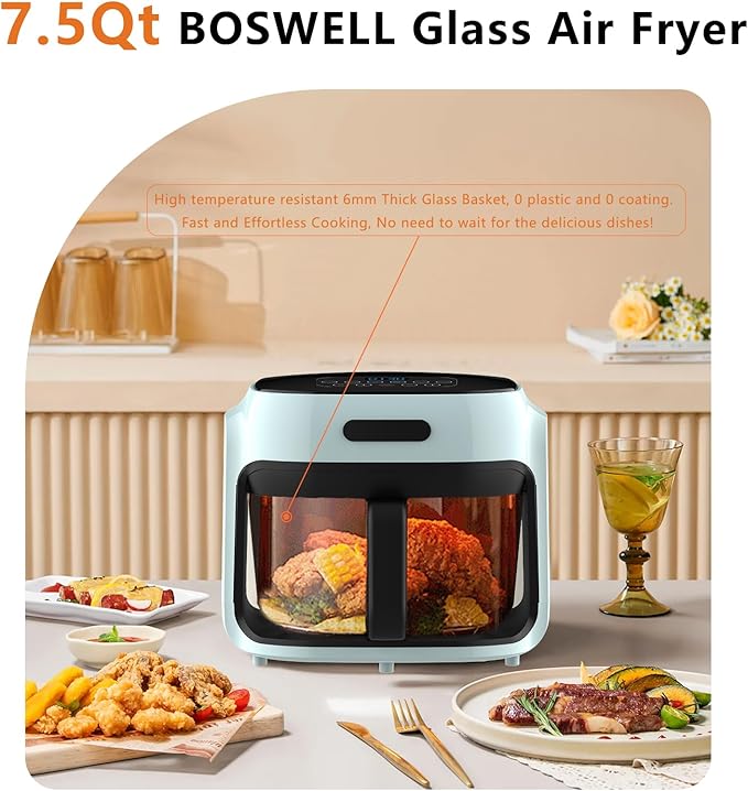 Glass Air Fryer, 7.6QT with Transparent Fry Bowl, Circulating Heating, Temperature Control, Air Fryer Roast, Dishwasher Safe (Green)