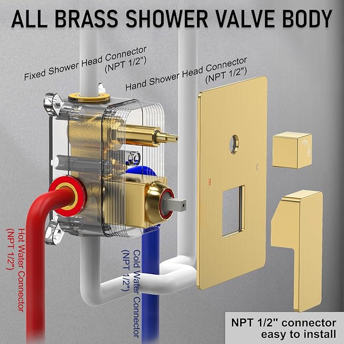 Iriber Gold Shower System Wall Mount with Rainfall Shower Head and Handheld,Shower Faucet Set Mixer Trim Kit (Valve Included),Brushed Gold