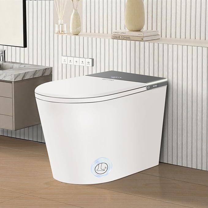 Smart Toilet, One Piece Toilet with Bidet Built in,Modern Elongated Toilet with Built-in Tank, Heated Toilet Seat, Bidet Warm Water, Dryer, Automatic Toilet Flusher, Foot Sensor Operation