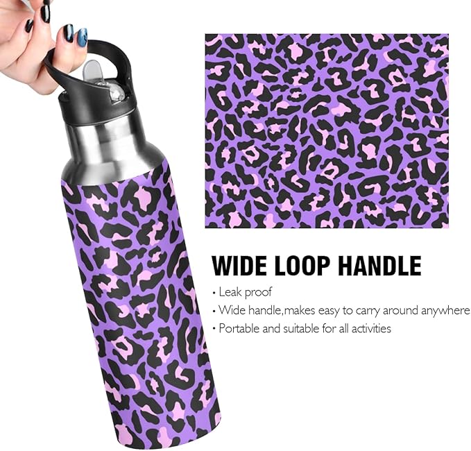 Qilmy Black and White Leopard Water Bottle Vacuum Insulated Stainless Steel Water Bottles with Straw Lid Leakproof Wide Mouth Water Flask for Fitness Outdoor Sports, 20 oz