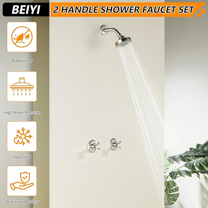 2 Handle Shower Faucet, Two Handles Shower Faucet Set with 5 Modes Rainfall Shower Head 2 Knobs Single Function Shower Trim Kit with Brass Rough-in Valve, Brushed Nickel