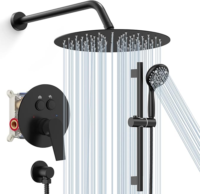 SR SUN RISE Matte Black Shower Faucet Set - 12 Inch Rain Shower Head with Adjustable Slide Bar Combo Set - Wall Mounted Rain Shower System Bathroom (Valve and Trim Kit Included)