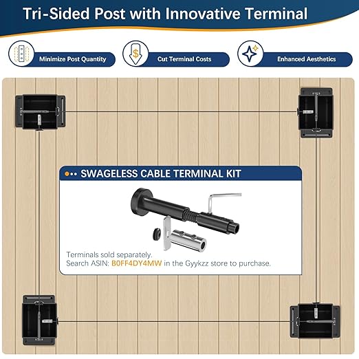 Economical 36" Corner Cable Railing Post, T-Drilled Three-Side Stainless Steel T304 Corner Rail Post, Upgraded Black One-Post Corner Solution, Wire Metal Post for Indoor Outdoor Corner Railing