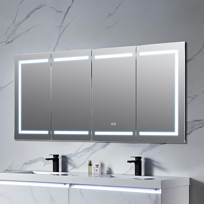 Blossom 72-Inch LED Lighted Mirror Medicine Cabinet for Bathroom, Surface or Recessed Mount Bathroom Cabinet, One Touch Built-in Defogger, Dimmer, Makeup Mirror, 3 Adjustable Glass Shelves