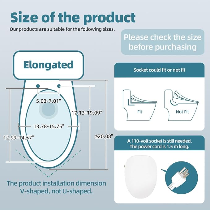 Electric Bidet Toilet Seat, Elongated V-shaped Heated Bidet with Dryer and Warm Water, Rear and Front Washing, Self-Clean Nozzle,Soft Close Toilet Seat with Remote Control, LED light and Deodorization