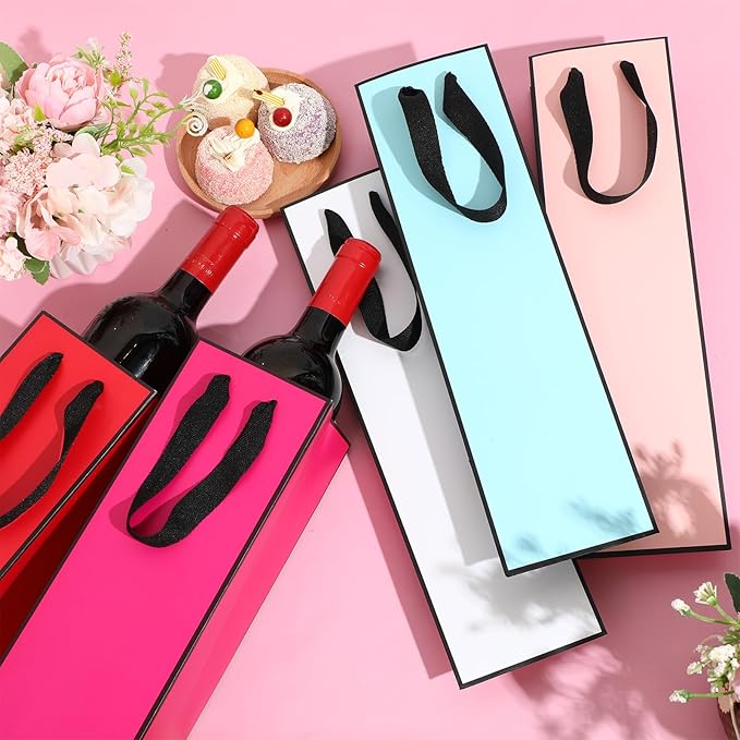 Fumete 50 Pack Wine Bottle Gift Bags Paper Wine Gift Bags Bulk 13.8x3.7x3.5 Wine Bags with Handles Appreciation Gifting Bags for Christmas Wedding Anniversary Birthday Party(Multicolor)