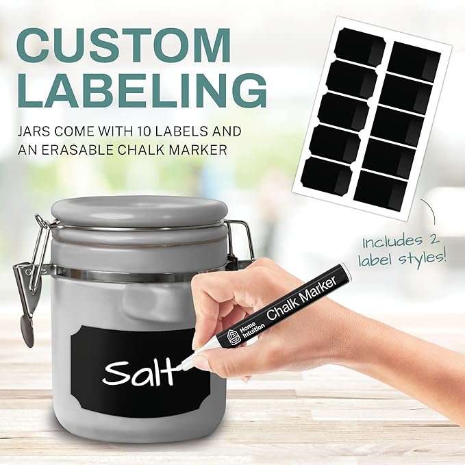 Home Intuition 4-Piece Ceramic Kitchen Canisters Set, Airtight Containers with Wooden Spoons Reusable Chalk Labels and Marker for Sugar, Coffee, Flour, Tea (Grey)