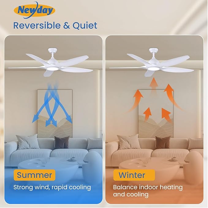 Newday 60" White Ceiling Fans with Light and Remote, Modern, Noiseless Reversible DC Motor, Large Indoor, Kitchen, Bedroom, Living Room