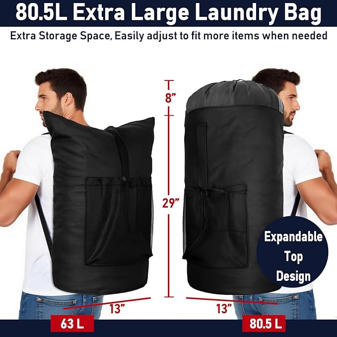 Laundry Bag Backpack Extra Large Travel Laundry Bags with Shoulder Straps Durable Polyster Clothes Hamper Bag for College Laundromat Apartment