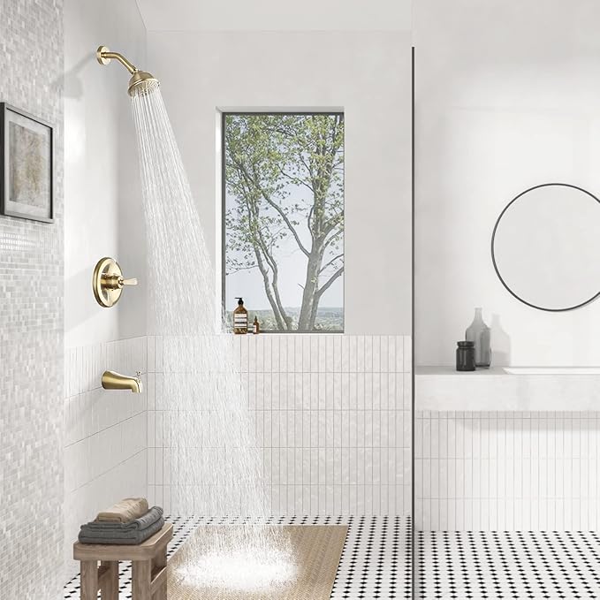 PARLOS Shower System, Brushed Gold Shower Faucet Set with Tub Spout(Valve Included), 5-Setting Mode Shower Head and Tub Spout with Diverter, Multi-Function Wall Mounted Shower Bathtub Combo, 1436908
