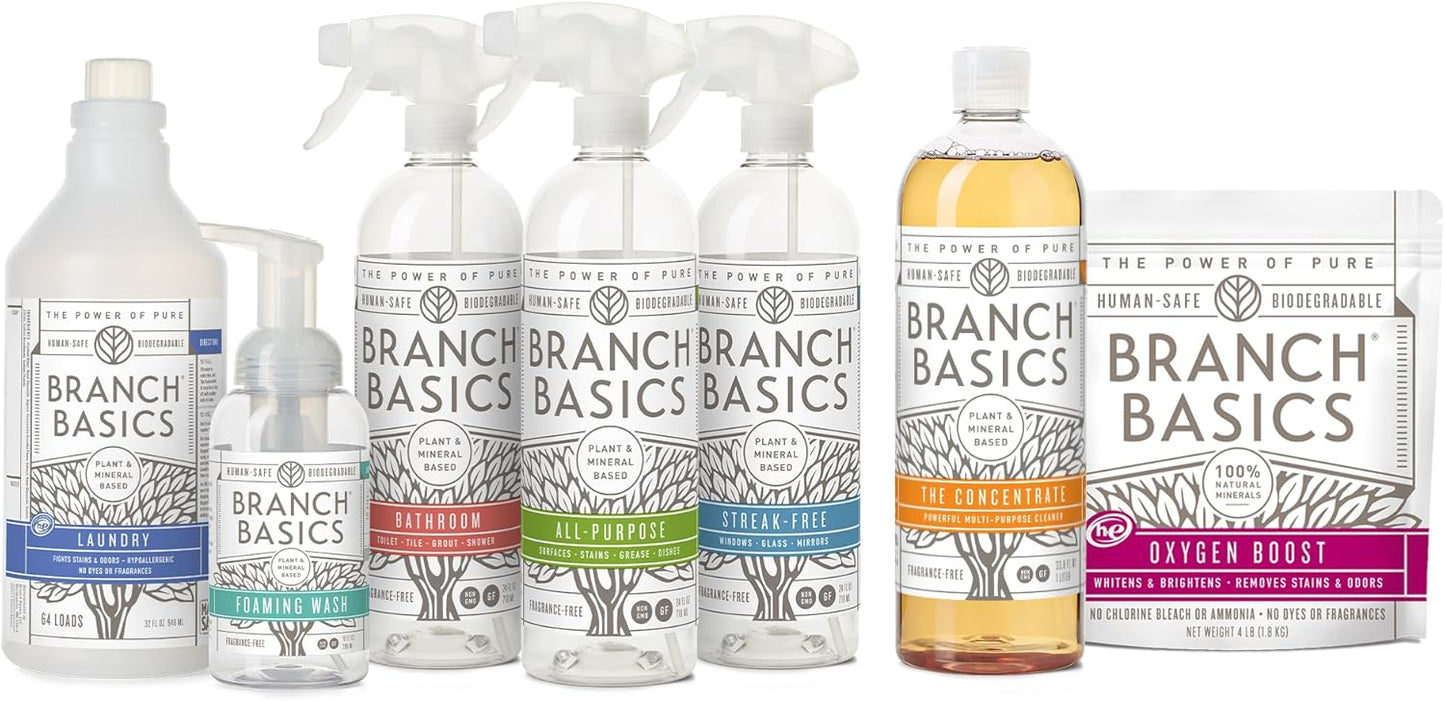 Branch Basics Premium Starter Kit: All Purpose, Glass, and Bathroom Cleaner plus our Foaming Wash, and Laundry Bottle (3 Plastic Spray Bottles + Concentrate) Fragrance-Free