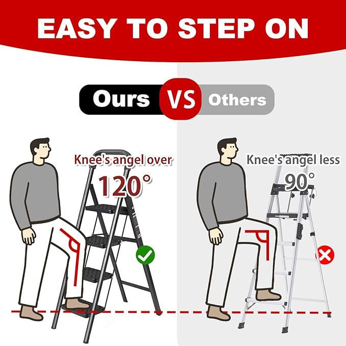3 Step Ladder with Anti-Slip and Wide Pedal 220 lbs Capacity Folding Step Ladder for Household Kitchen Office(F-Black, 3-Step with Handrail)