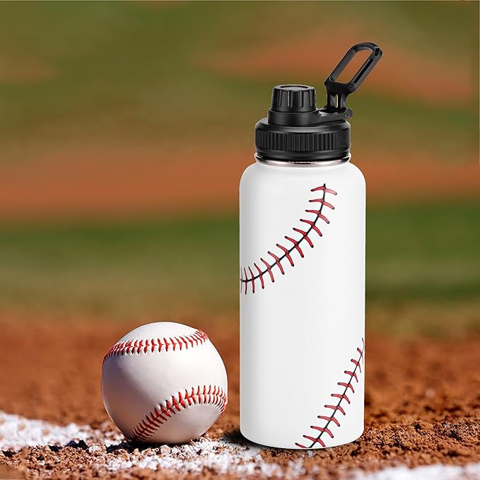 Cutiset 32 oz Baseball Water Bottle with Lids, Stainless Steel Leak Proof Sports Water Flask, Vacuum Metal Water Bottle,Baseball Line Design