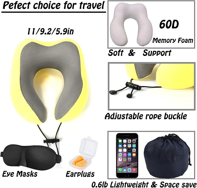GOTDYA Travel Pillow,Travel Neck Pillows for Sleeping,100% Pure Memory Foam Soft Comfort & Support Pillow for Airplane/Car/Office&Home Rest Use-Yellow