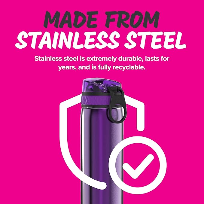 Ion8 Steel Water Bottle, 600 ml/20 oz, Leak Proof, Easy to Open, Secure Lock, Dishwasher Safe, Hygienic Flip Cover, Fits Cup Holders, Carry Handle, Durable, Carbon Neutral, Metallic Purple