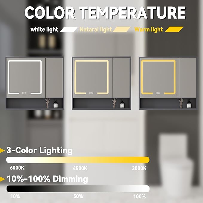 32'' Bathroom Vanity with Ceramic Sink Combo and Medicine Cabinet Mirror with Led Light/Defog, Wall Mounted Small Bathroom Vanity with Soft-Close Door Modern Floating Cabinet, Gray(No Faucet)