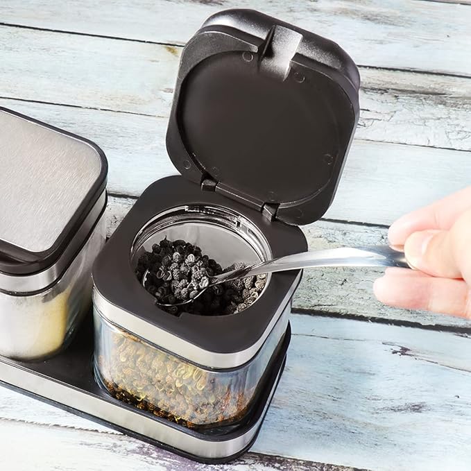 XIUDI Condiment Seal Jar Spice Container with Lids and Spoons，Clear Glass Condiment Canisters Pots Seasoning Box Salt Container Sugar Bowl Set of .Used in Kitchen, Coffee Table,Set of 3