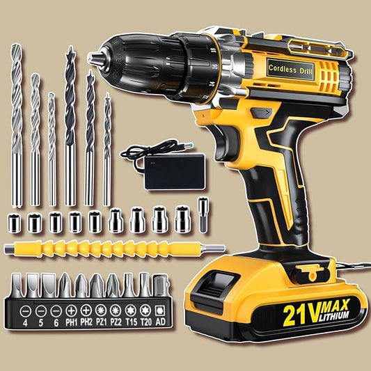Cordless Drill Set, KELNOW 21V PowerDrill with Power Pack and Charger, 3/8-Inch Keyless Chuck ElectricDrill, 25+1 Position, 2 Speed, 27pcs Drilldriver Bits Tool Drills for DIY Projects