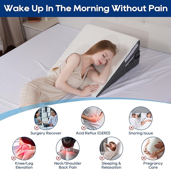 GOHOME Bed Wedge Pillow with Cooling Memory Foam Top Removable,3 in 1 Triangle Pillow Wedge for Sleeping-Help with Acid Reflux, Heartburn, Snoring, Legs and Back Pain