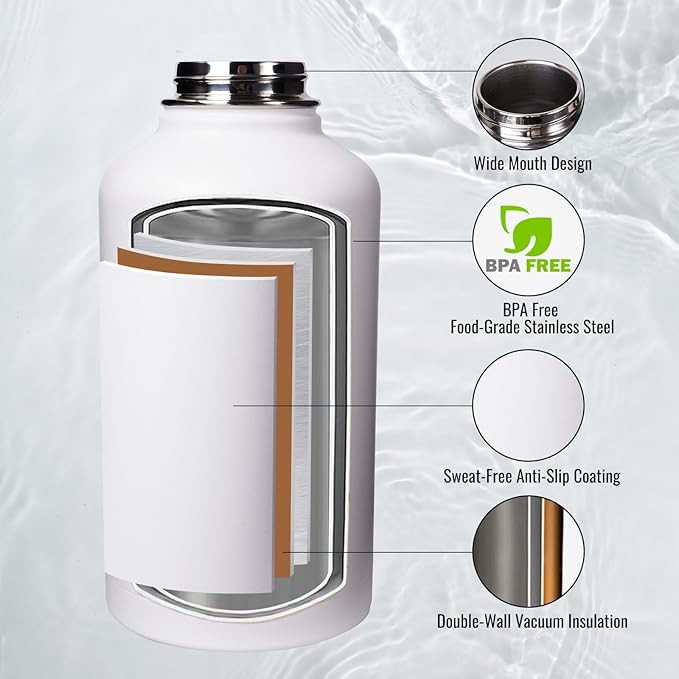 Half Gallon Water Bottle with Straw&Spout Lid, 64oz Stainless Steel Insulated Water Jug with Handle and Wide Mouth, Half Gallon Vacuum Double Walled Jug for Sports, Outdoors, Leak-Proof. White 64oz