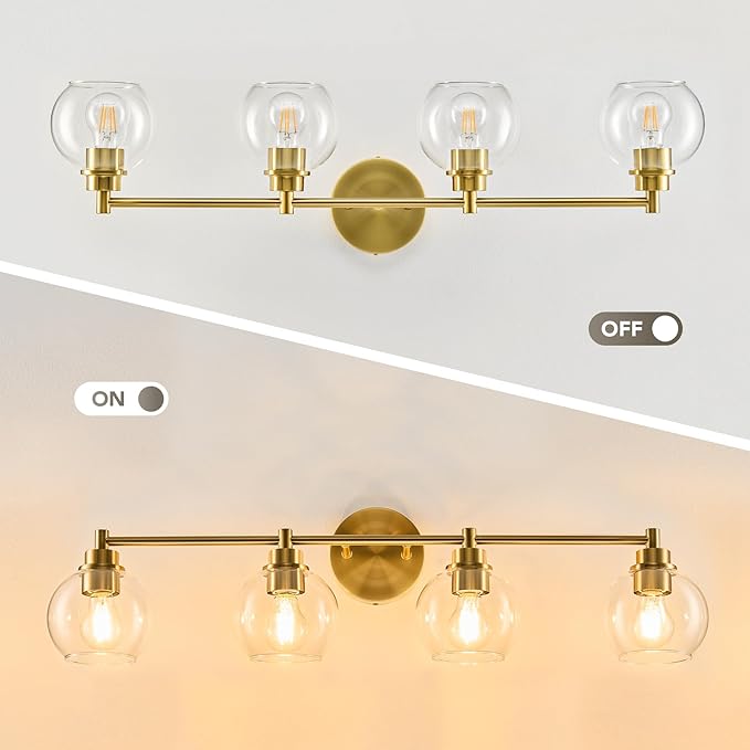 VONLUCE Bathroom Light Fixtures, 4-Light Vanity Light with Globe Glass Shades E26 Sockets, Bathroom Lights Over Mirror for Bedroom Hallway Living Room, Gold Finish
