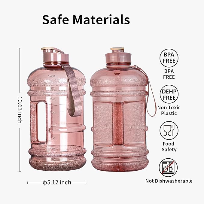 TOOFEEL 2 Liter Water Bottles - Half Gallon Water Bottle BPA Free - Ideal for Gym, Big Water Jug, Reusable Sports Bottle with Measurements Marked Drink Container - 2.2L 74oz Transparent Pink Bottle