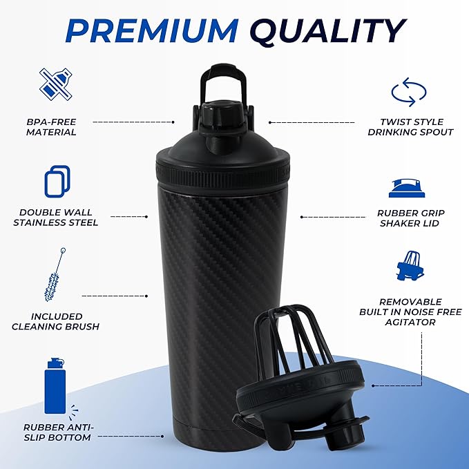 Black Carbon Fiber Stainless Steel Shaker Bottle For Protein - Gym Water Bottle & Mixer Bottle - 24 Oz, Internal Measure, Rubber Bottom, and Brush - Leak Proof & BPA Free Metal Blender Bottle