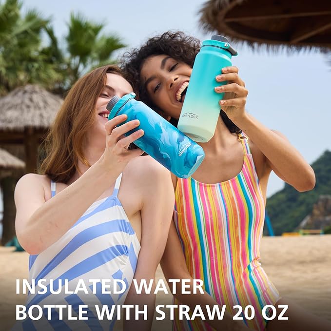 Greylock 20 oz Insulated Stainless Steel Water Bottle with Straw Lid- BPA-Free Leak Proof When Closed, Reusable Metal Water Bottle with Carry Handle for Travel Camping, 24 Hours Cold (Seafoamrise)