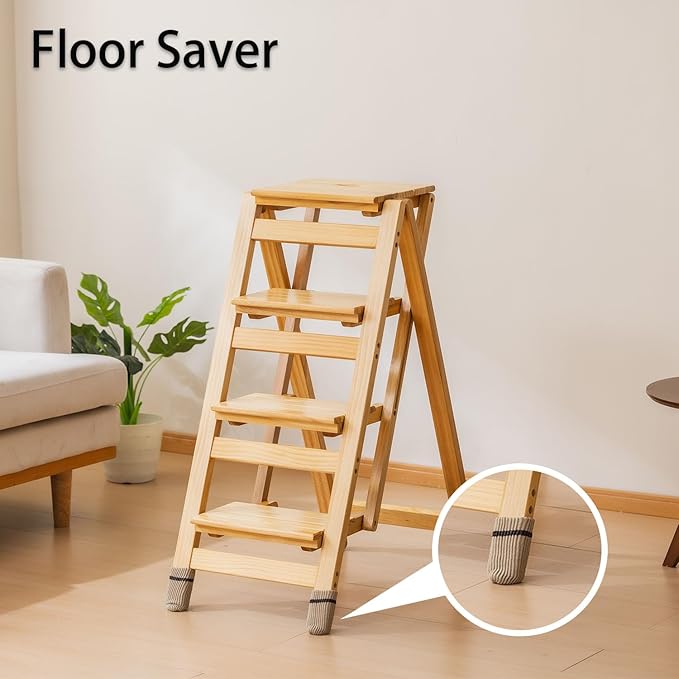 Latifolia Foldable 4 Step Ladder, Wooden Step Stool with Floor Saver, Decorative Ladder Shelf for Living Room, Kitchen, Garden(Nature)