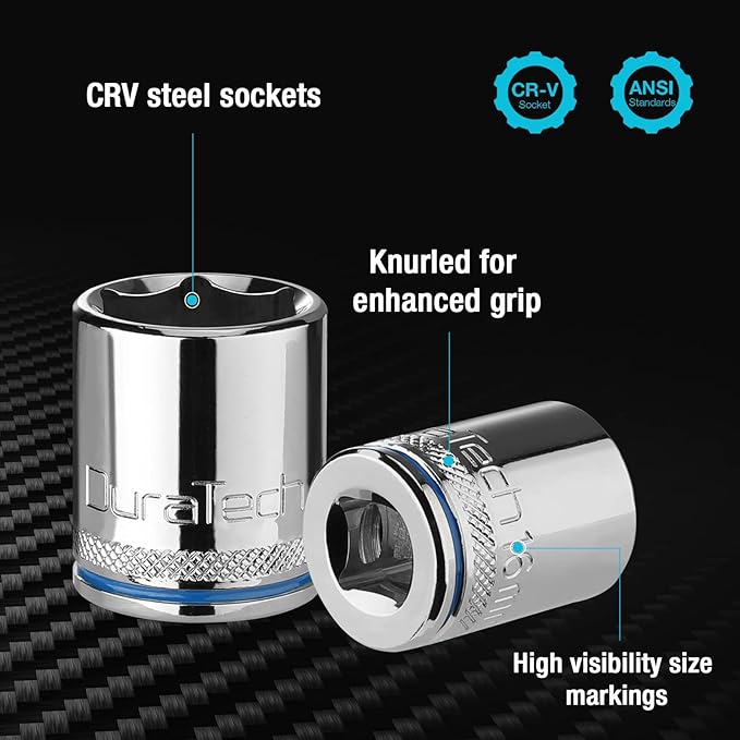 DURATECH 3/8" Drive Socket Set, Metric Socket Set 10PCS, Mechanic Metric Socket Sets with Storage Rack, 6-Point Shallow Socket Set, 8mm, 10mm, 11mm, 12mm, 13mm, 14mm, 15mm, 16mm, 17mm, 19mm