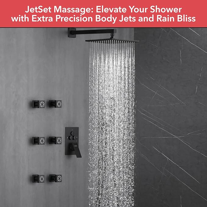 VANFOXLE Shower Faucet Set Matte Black Shower System,Three Modes Shower Faucet with 2 in 1 Handheld,Wall Mount 10 Inch Shower Head with 6 PCS Dual Modes Body Jets