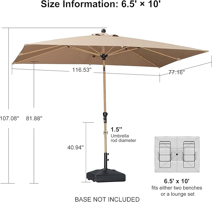 PURPLE LEAF 6.5' x 10' Patio Umbrella Outdoor Table Umbrella Aluminum Market Umbrella with Push Button Tilt & 8 Sturdy Ribs and Crank Rectangular Sun Umbrella for Pool Backyard Beach, Taupe