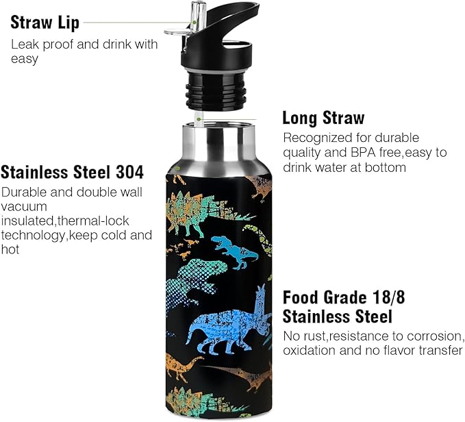 Cute Dinosaur Animal Sport Water Bottle with Straw, Vacuum Insulated Stainless Steel Thermal Drinking Travel Mug Cups For Gym Fitness Camping-17oz/500ml, Blue