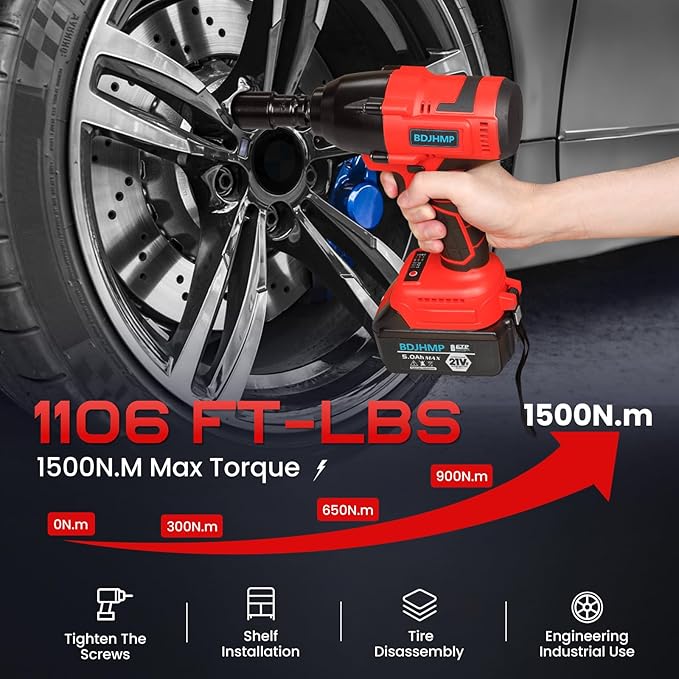 Cordless Impact Wrench, 1106 FT-lbs 1500Nm Brushless Impact Gun 1/2", 18V 2 * 5.0 Ah Multifunction Power Impact Driver for Home Car Truck Mower